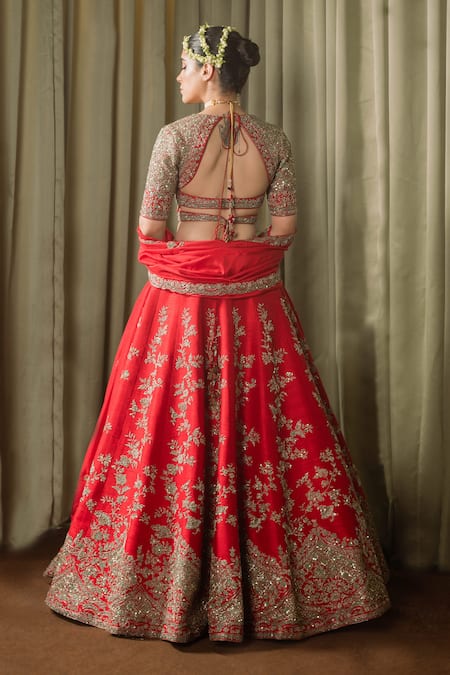 Shop Pallavi Poddar Red Silk Zari, Sequins Seeta Floral Zardozi Embroidered Bridal Lehenga at Aza Fashions Shop_Pallavi Poddar_Red Silk Zari, Sequins Seeta Floral Zardozi Embroidered Bridal Lehenga _at_Aza_Fashions