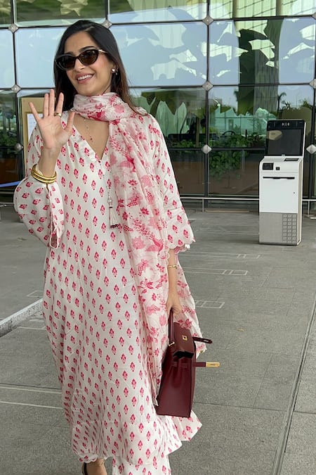 Punit Balana_Ivory Satin, Silk, Organza Embroidery V-neck Floral Butti Print Kaftan Pant Set _Online_at_Aza_Fashions