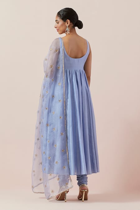 Shop Priyal Prakash Blue Chanderi, Cotton, Silk Organza Plain Sleeveless Anarkali Set With Dupatta at Aza Fashions Shop_Priyal Prakash_Blue Chanderi, Cotton, Silk Organza Plain Sleeveless Anarkali Set With Dupatta _at_Aza_Fashions
