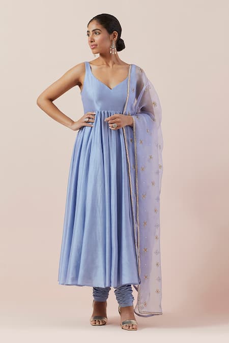 Priyal Prakash Blue Chanderi, Cotton, Silk Organza Plain Sleeveless Anarkali Set With Dupatta Online at Aza Fashions Priyal Prakash_Blue Chanderi, Cotton, Silk Organza Plain Sleeveless Anarkali Set With Dupatta _Online_at_Aza_Fashions