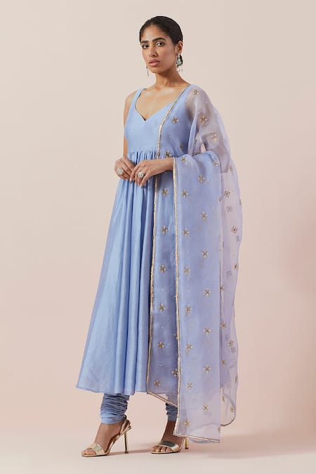 Buy Priyal Prakash Blue Chanderi, Cotton, Silk Organza Plain Sleeveless Anarkali Set With Dupatta Online at Aza Fashions Buy_Priyal Prakash_Blue Chanderi, Cotton, Silk Organza Plain Sleeveless Anarkali Set With Dupatta _Online_at_Aza_Fashions