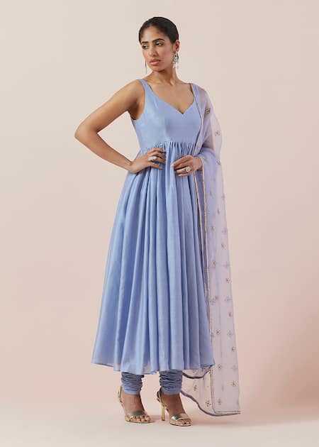 Shop Priyal Prakash Blue Chanderi, Cotton, Silk Organza Plain Sleeveless Anarkali Set With Dupatta Online at Aza Fashions Shop_Priyal Prakash_Blue Chanderi, Cotton, Silk Organza Plain Sleeveless Anarkali Set With Dupatta _Online_at_Aza_Fashions