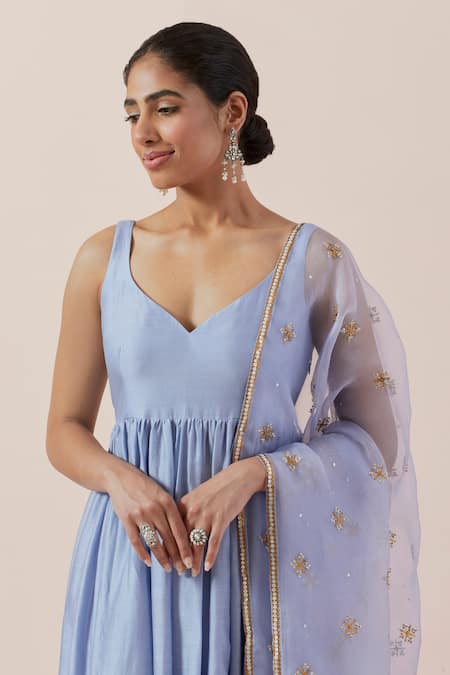 Priyal Prakash Blue Chanderi, Cotton, Silk Organza Plain Sleeveless Anarkali Set With Dupatta at Aza Fashions Priyal Prakash_Blue Chanderi, Cotton, Silk Organza Plain Sleeveless Anarkali Set With Dupatta _at_Aza_Fashions