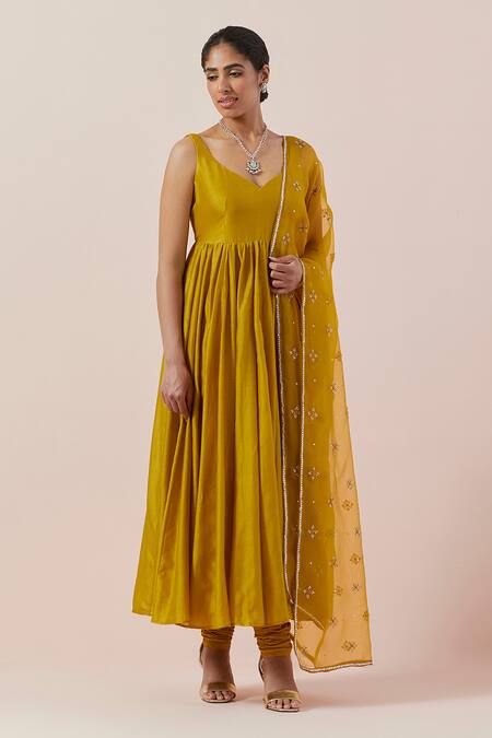 Priyal Prakash Yellow Chanderi, Cotton, Silk Organza Embroidery Anarkali Set With Dupatta Online at Aza Fashions Priyal Prakash_Yellow Chanderi, Cotton, Silk Organza Embroidery Anarkali Set With Dupatta _Online_at_Aza_Fashions