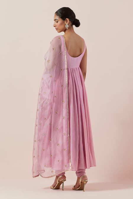 Shop Priyal Prakash Pink Chanderi, Cotton, Silk Organza Embroidery Plain Anarkali Set With Dupatta at Aza Fashions Shop_Priyal Prakash_Pink Chanderi, Cotton, Silk Organza Embroidery Plain Anarkali Set With Dupatta _at_Aza_Fashions