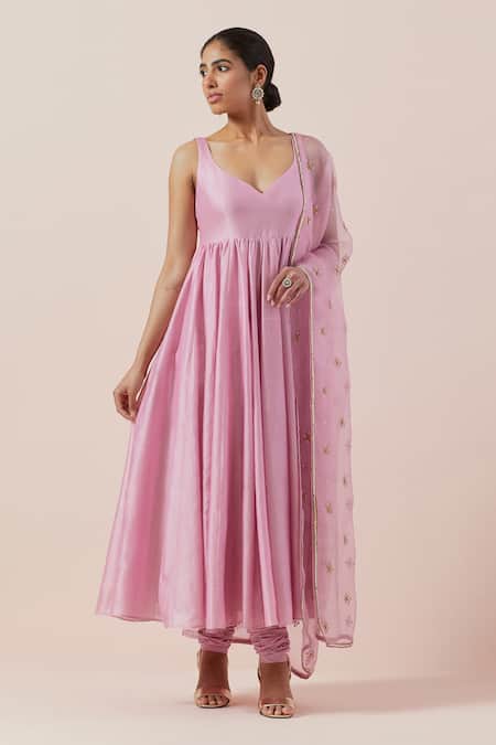 Priyal Prakash Pink Chanderi, Cotton, Silk Organza Embroidery Plain Anarkali Set With Dupatta Online at Aza Fashions Priyal Prakash_Pink Chanderi, Cotton, Silk Organza Embroidery Plain Anarkali Set With Dupatta _Online_at_Aza_Fashions