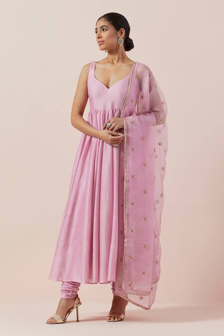 Buy Priyal Prakash Pink Chanderi, Cotton, Silk Organza Embroidery Plain Anarkali Set With Dupatta Online at Aza Fashions Buy_Priyal Prakash_Pink Chanderi, Cotton, Silk Organza Embroidery Plain Anarkali Set With Dupatta _Online_at_Aza_Fashions