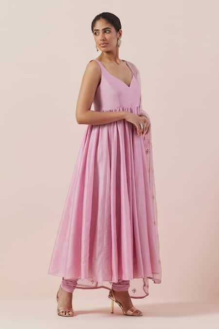 Shop Priyal Prakash Pink Chanderi, Cotton, Silk Organza Embroidery Plain Anarkali Set With Dupatta Online at Aza Fashions Shop_Priyal Prakash_Pink Chanderi, Cotton, Silk Organza Embroidery Plain Anarkali Set With Dupatta _Online_at_Aza_Fashions