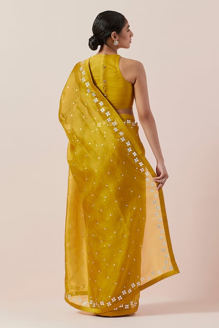 Shop Priyal Prakash Yellow Silk Organza, Chanderi Sequins, Zari Halter Neck Work Saree Set at Aza Fashions Shop_Priyal Prakash_Yellow Silk Organza, Chanderi Sequins, Zari Halter Neck Work Saree Set _at_Aza_Fashions