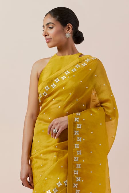 Shop Priyal Prakash Yellow Silk Organza, Chanderi Sequins, Zari Halter Neck Work Saree Set Online at Aza Fashions Shop_Priyal Prakash_Yellow Silk Organza, Chanderi Sequins, Zari Halter Neck Work Saree Set _Online_at_Aza_Fashions