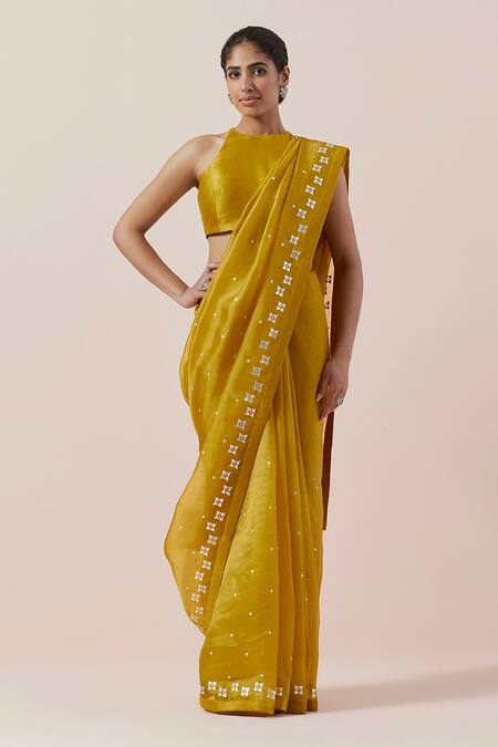 Priyal Prakash Yellow Silk Organza, Chanderi Sequins, Zari Halter Neck Work Saree Set at Aza Fashions Priyal Prakash_Yellow Silk Organza, Chanderi Sequins, Zari Halter Neck Work Saree Set _at_Aza_Fashions