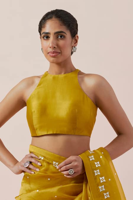 Buy Priyal Prakash Yellow Silk Organza, Chanderi Sequins, Zari Halter Neck Work Saree Set Buy_Priyal Prakash_Yellow Silk Organza, Chanderi Sequins, Zari Halter Neck Work Saree Set
