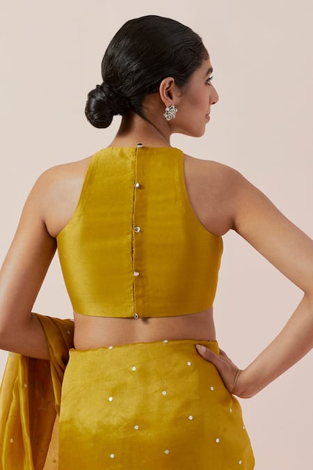 Shop Priyal Prakash Yellow Silk Organza, Chanderi Sequins, Zari Halter Neck Work Saree Set Shop_Priyal Prakash_Yellow Silk Organza, Chanderi Sequins, Zari Halter Neck Work Saree Set