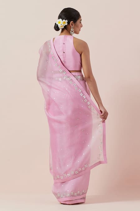 Shop Priyal Prakash Pink Silk Organza, Chanderi Sequins, Zari, Applique Aari And Work Saree Set at Aza Fashions Shop_Priyal Prakash_Pink Silk Organza, Chanderi Sequins, Zari, Applique Aari And Work Saree Set _at_Aza_Fashions