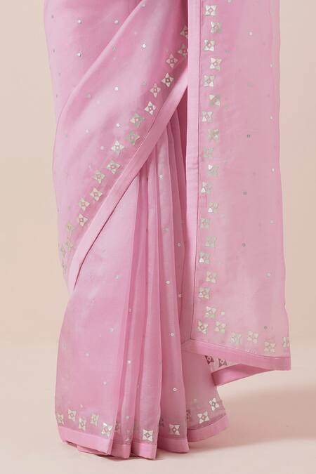 Priyal Prakash Pink Silk Organza, Chanderi Sequins, Zari, Applique Aari And Work Saree Set Online at Aza Fashions Priyal Prakash_Pink Silk Organza, Chanderi Sequins, Zari, Applique Aari And Work Saree Set _Online_at_Aza_Fashions