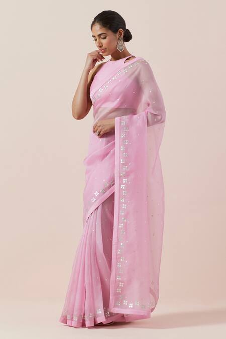 Shop Priyal Prakash Pink Silk Organza, Chanderi Sequins, Zari, Applique Aari And Work Saree Set Online at Aza Fashions Shop_Priyal Prakash_Pink Silk Organza, Chanderi Sequins, Zari, Applique Aari And Work Saree Set _Online_at_Aza_Fashions