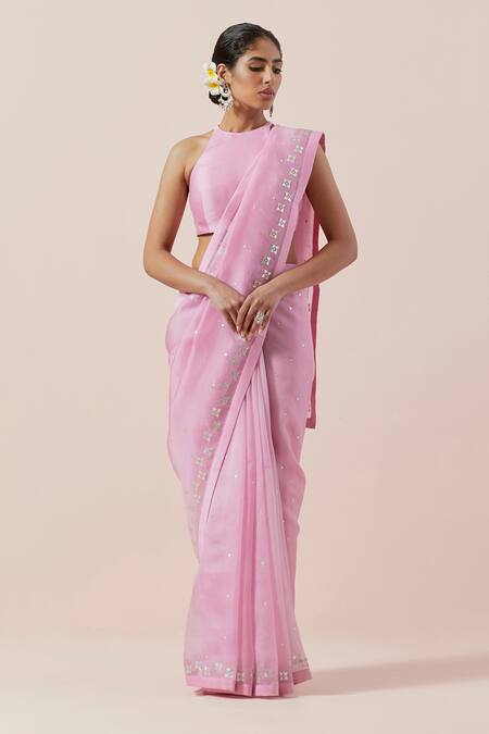 Priyal Prakash Pink Silk Organza, Chanderi Sequins, Zari, Applique Aari And Work Saree Set at Aza Fashions Priyal Prakash_Pink Silk Organza, Chanderi Sequins, Zari, Applique Aari And Work Saree Set _at_Aza_Fashions