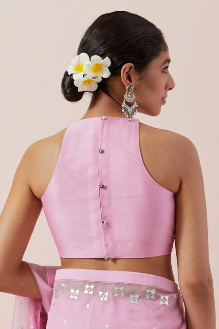 Shop Priyal Prakash Pink Silk Organza, Chanderi Sequins, Zari, Applique Aari And Work Saree Set Shop_Priyal Prakash_Pink Silk Organza, Chanderi Sequins, Zari, Applique Aari And Work Saree Set