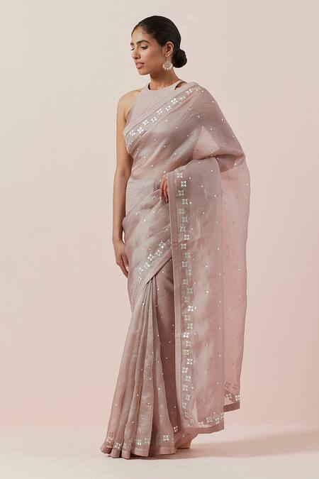 Priyal Prakash_Brown Silk Organza, Chanderi Sequins, Zari, Applique Embroidered Saree Set _Online_at_Aza_Fashions