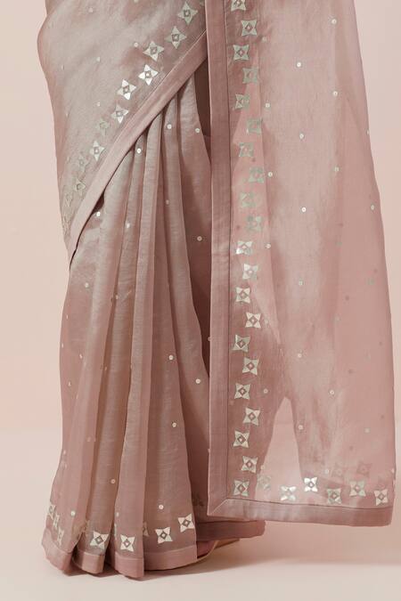 Buy_Priyal Prakash_Brown Silk Organza, Chanderi Sequins, Zari, Applique Embroidered Saree Set _Online_at_Aza_Fashions