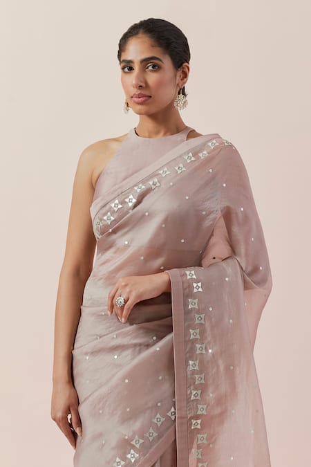 Shop_Priyal Prakash_Brown Silk Organza, Chanderi Sequins, Zari, Applique Embroidered Saree Set _Online_at_Aza_Fashions