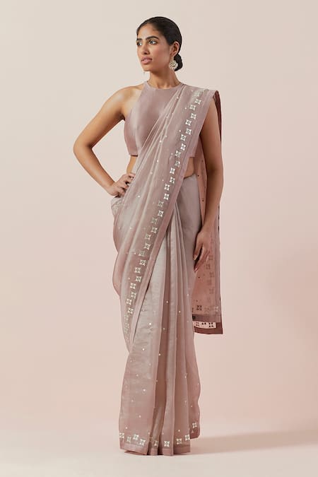 Priyal Prakash_Brown Silk Organza, Chanderi Sequins, Zari, Applique Embroidered Saree Set _at_Aza_Fashions