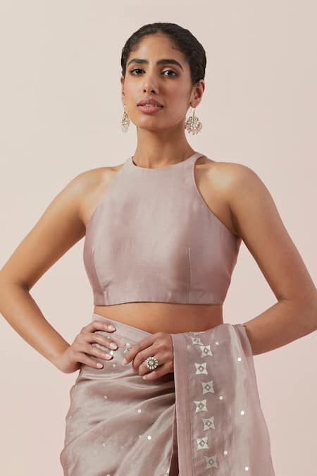 Buy_Priyal Prakash_Brown Silk Organza, Chanderi Sequins, Zari, Applique Embroidered Saree Set 