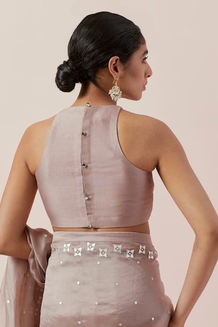 Shop_Priyal Prakash_Brown Silk Organza, Chanderi Sequins, Zari, Applique Embroidered Saree Set 