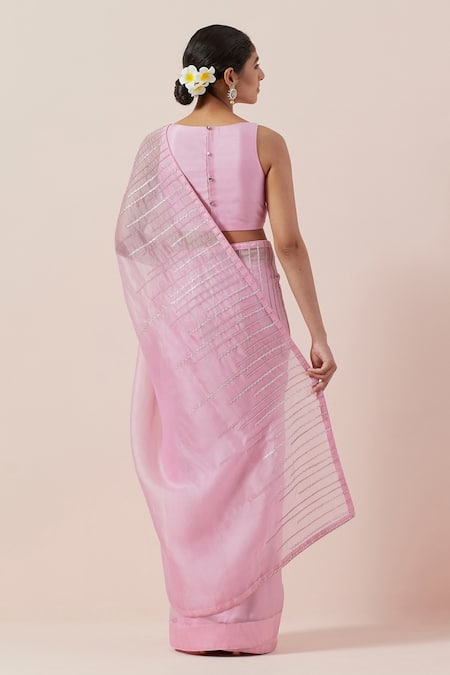 Shop Priyal Prakash Pink Silk Organza, Chanderi Sequins, Zari, Beads Boat Neck Embroidered Saree Set at Aza Fashions Shop_Priyal Prakash_Pink Silk Organza, Chanderi Sequins, Zari, Beads Boat Neck Embroidered Saree Set _at_Aza_Fashions