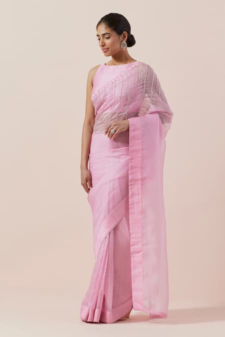 Priyal Prakash Pink Silk Organza, Chanderi Sequins, Zari, Beads Boat Neck Embroidered Saree Set Online at Aza Fashions Priyal Prakash_Pink Silk Organza, Chanderi Sequins, Zari, Beads Boat Neck Embroidered Saree Set _Online_at_Aza_Fashions