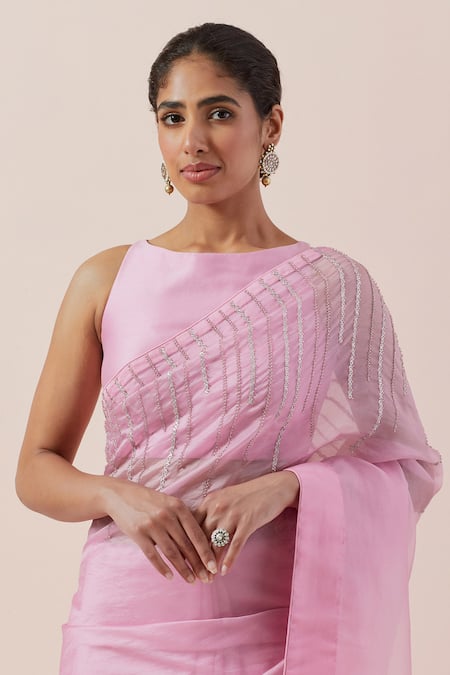 Shop Priyal Prakash Pink Silk Organza, Chanderi Sequins, Zari, Beads Boat Neck Embroidered Saree Set Online at Aza Fashions Shop_Priyal Prakash_Pink Silk Organza, Chanderi Sequins, Zari, Beads Boat Neck Embroidered Saree Set _Online_at_Aza_Fashions