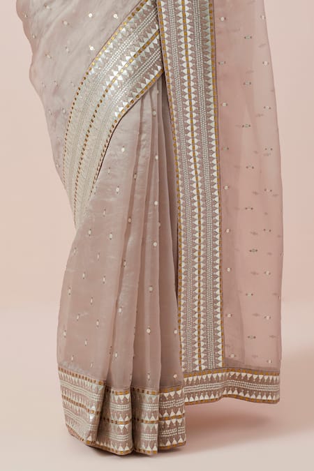 Priyal Prakash_Brown Silk Organza, Chanderi Sequins, Zari, Applique Aari Embroidered Saree Set _Online_at_Aza_Fashions