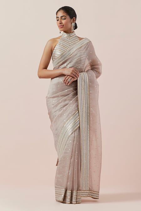 Buy_Priyal Prakash_Brown Silk Organza, Chanderi Sequins, Zari, Applique Aari Embroidered Saree Set _Online_at_Aza_Fashions