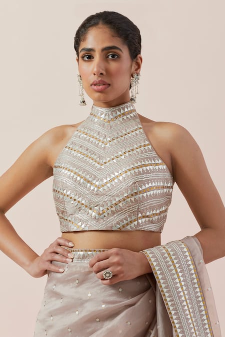 Buy_Priyal Prakash_Brown Silk Organza, Chanderi Sequins, Zari, Applique Aari Embroidered Saree Set 