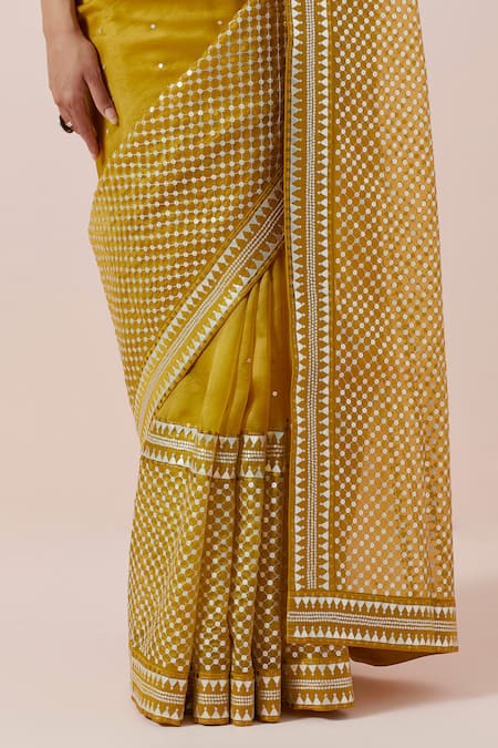 Priyal Prakash_Yellow Silk Organza, Chanderi Sequins, Zari Round Neck Embroidered Saree Set _Online_at_Aza_Fashions