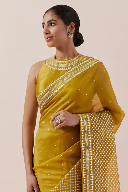 Buy_Priyal Prakash_Yellow Silk Organza, Chanderi Sequins, Zari Round Neck Embroidered Saree Set _Online_at_Aza_Fashions