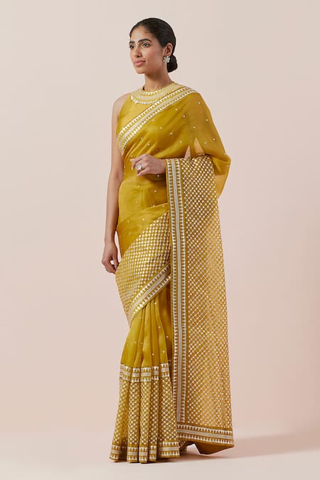 Shop_Priyal Prakash_Yellow Silk Organza, Chanderi Sequins, Zari Round Neck Embroidered Saree Set _Online_at_Aza_Fashions