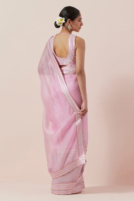Shop Priyal Prakash Pink Silk Organza, Chanderi Sequins, Zari Round Neck And Work Saree Set at Aza Fashions Shop_Priyal Prakash_Pink Silk Organza, Chanderi Sequins, Zari Round Neck And Work Saree Set _at_Aza_Fashions