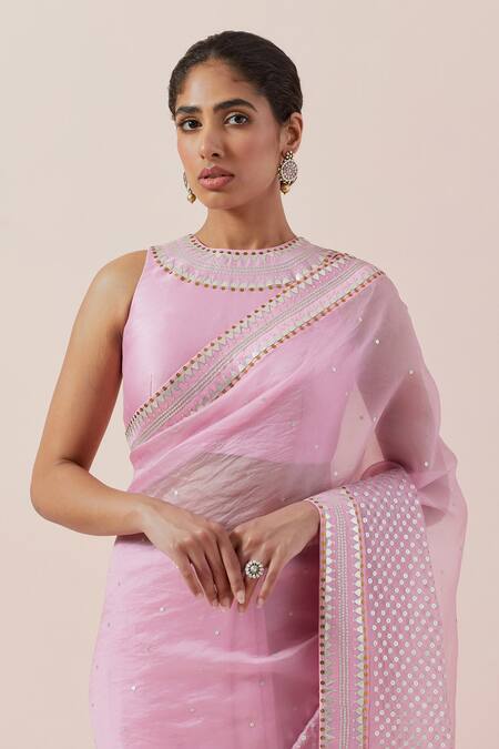 Buy Priyal Prakash Pink Silk Organza, Chanderi Sequins, Zari Round Neck And Work Saree Set Online at Aza Fashions Buy_Priyal Prakash_Pink Silk Organza, Chanderi Sequins, Zari Round Neck And Work Saree Set _Online_at_Aza_Fashions