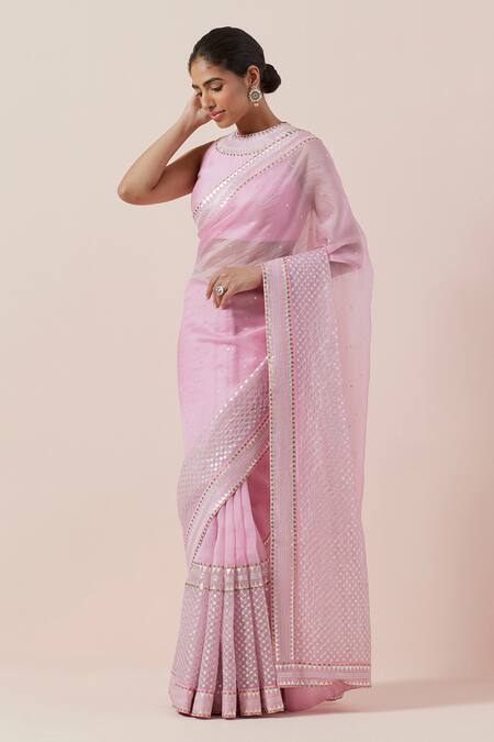 Shop Priyal Prakash Pink Silk Organza, Chanderi Sequins, Zari Round Neck And Work Saree Set Online at Aza Fashions Shop_Priyal Prakash_Pink Silk Organza, Chanderi Sequins, Zari Round Neck And Work Saree Set _Online_at_Aza_Fashions
