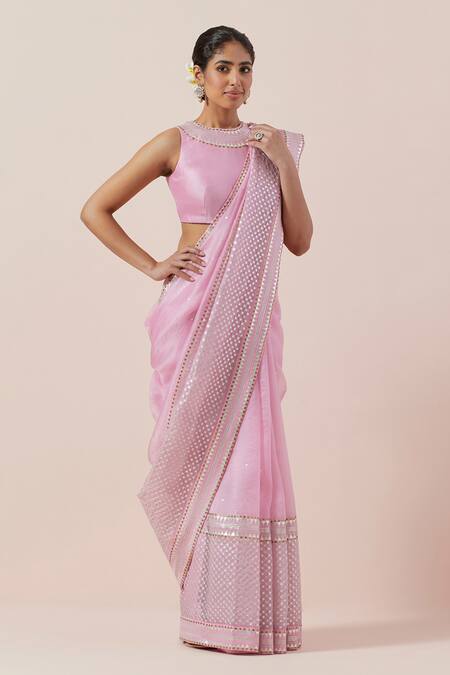 Priyal Prakash Pink Silk Organza, Chanderi Sequins, Zari Round Neck And Work Saree Set at Aza Fashions Priyal Prakash_Pink Silk Organza, Chanderi Sequins, Zari Round Neck And Work Saree Set _at_Aza_Fashions