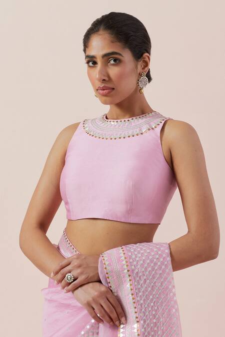 Buy Priyal Prakash Pink Silk Organza, Chanderi Sequins, Zari Round Neck And Work Saree Set Buy_Priyal Prakash_Pink Silk Organza, Chanderi Sequins, Zari Round Neck And Work Saree Set