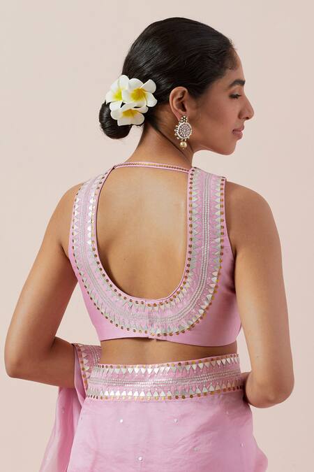 Shop Priyal Prakash Pink Silk Organza, Chanderi Sequins, Zari Round Neck And Work Saree Set Shop_Priyal Prakash_Pink Silk Organza, Chanderi Sequins, Zari Round Neck And Work Saree Set