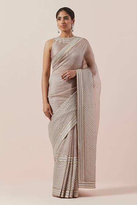 Priyal Prakash Brown Silk Organza, Chanderi Sequins, Zari Round Neck And Embroidered Saree Set Online at Aza Fashions Priyal Prakash_Brown Silk Organza, Chanderi Sequins, Zari Round Neck And Embroidered Saree Set _Online_at_Aza_Fashions