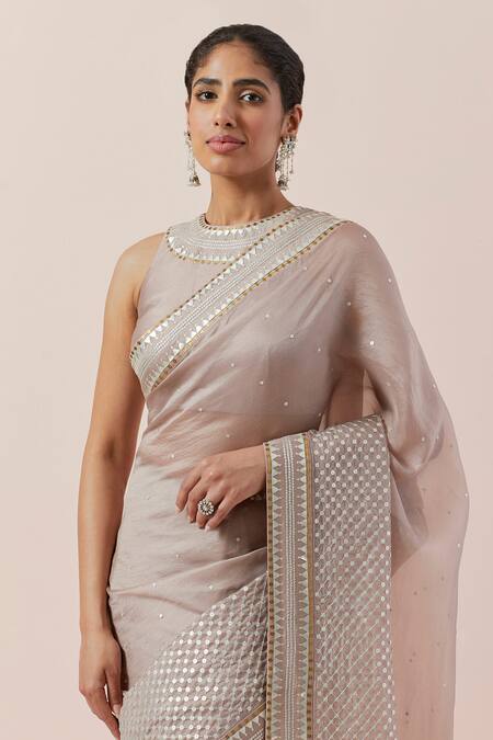 Buy Priyal Prakash Brown Silk Organza, Chanderi Sequins, Zari Round Neck And Embroidered Saree Set Online at Aza Fashions Buy_Priyal Prakash_Brown Silk Organza, Chanderi Sequins, Zari Round Neck And Embroidered Saree Set _Online_at_Aza_Fashions