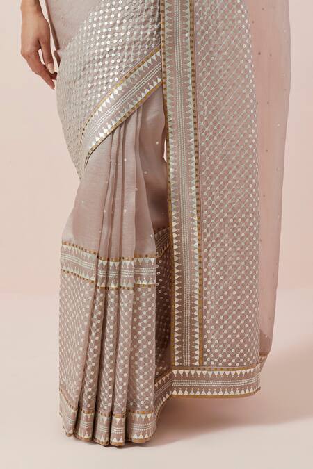 Shop Priyal Prakash Brown Silk Organza, Chanderi Sequins, Zari Round Neck And Embroidered Saree Set Online at Aza Fashions Shop_Priyal Prakash_Brown Silk Organza, Chanderi Sequins, Zari Round Neck And Embroidered Saree Set _Online_at_Aza_Fashions