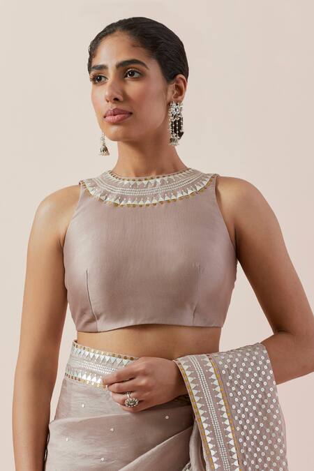 Buy Priyal Prakash Brown Silk Organza, Chanderi Sequins, Zari Round Neck And Embroidered Saree Set Buy_Priyal Prakash_Brown Silk Organza, Chanderi Sequins, Zari Round Neck And Embroidered Saree Set