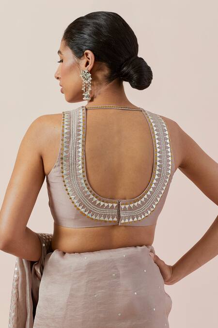 Shop Priyal Prakash Brown Silk Organza, Chanderi Sequins, Zari Round Neck And Embroidered Saree Set Shop_Priyal Prakash_Brown Silk Organza, Chanderi Sequins, Zari Round Neck And Embroidered Saree Set