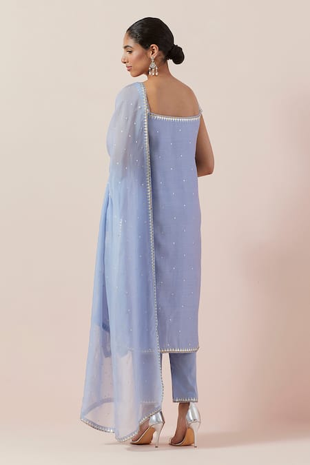 Shop Priyal Prakash Blue Chanderi, Viscose, Cotton Sequins, Zari, Embroidery Round Kurta Pant Set at Aza Fashions Shop_Priyal Prakash_Blue Chanderi, Viscose, Cotton Sequins, Zari, Embroidery Round Kurta Pant Set _at_Aza_Fashions