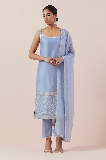 Priyal Prakash Blue Chanderi, Viscose, Cotton Sequins, Zari, Embroidery Round Kurta Pant Set Online at Aza Fashions Priyal Prakash_Blue Chanderi, Viscose, Cotton Sequins, Zari, Embroidery Round Kurta Pant Set _Online_at_Aza_Fashions